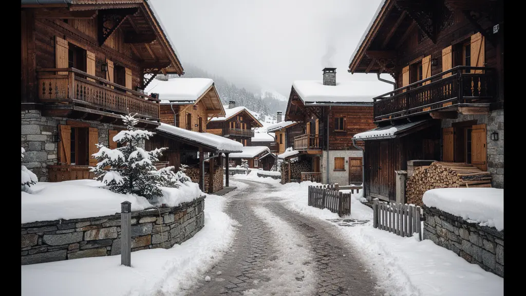 Calle de pueblo alpino auténtico Le Praz con chalets tradicionales saboyardos y nieve
