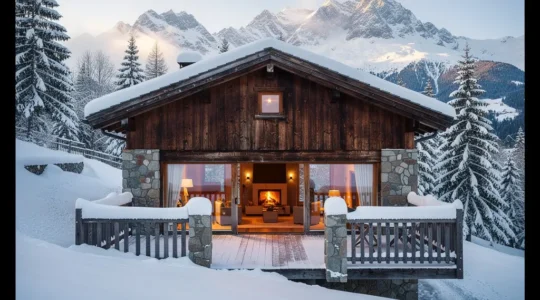 Chalet bois Courchevel avec terrasse enneigée et vue panoramique Alpes
