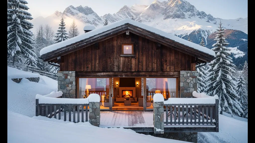 Chalet bois Courchevel avec terrasse enneigée et vue panoramique Alpes