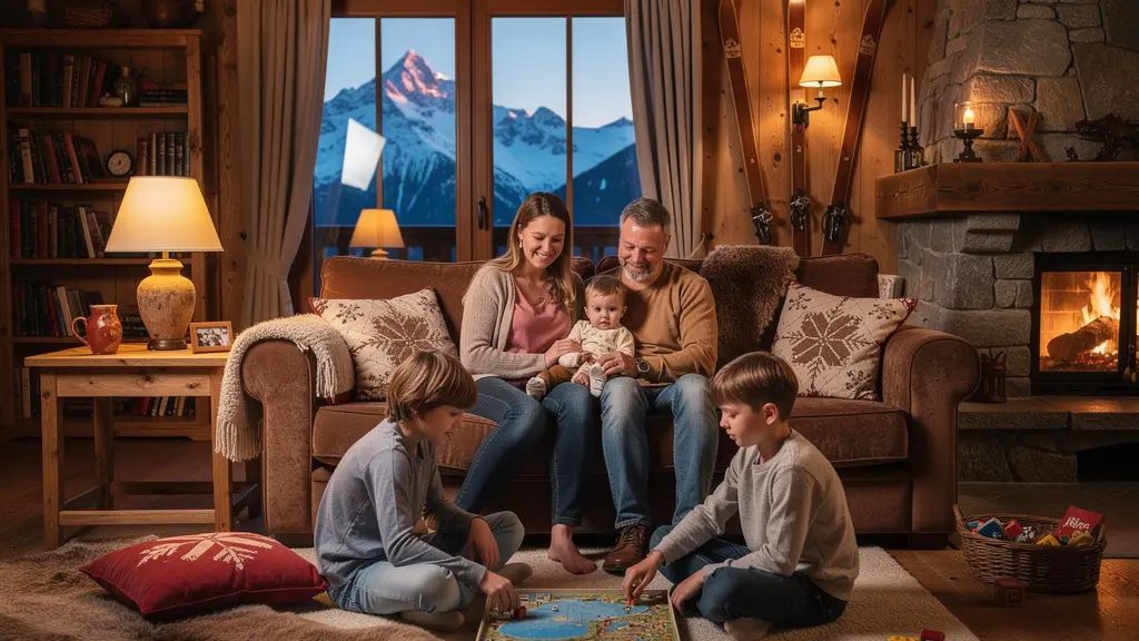 Famille détendue dans salon chalet montagne autour cheminée Courchevel
