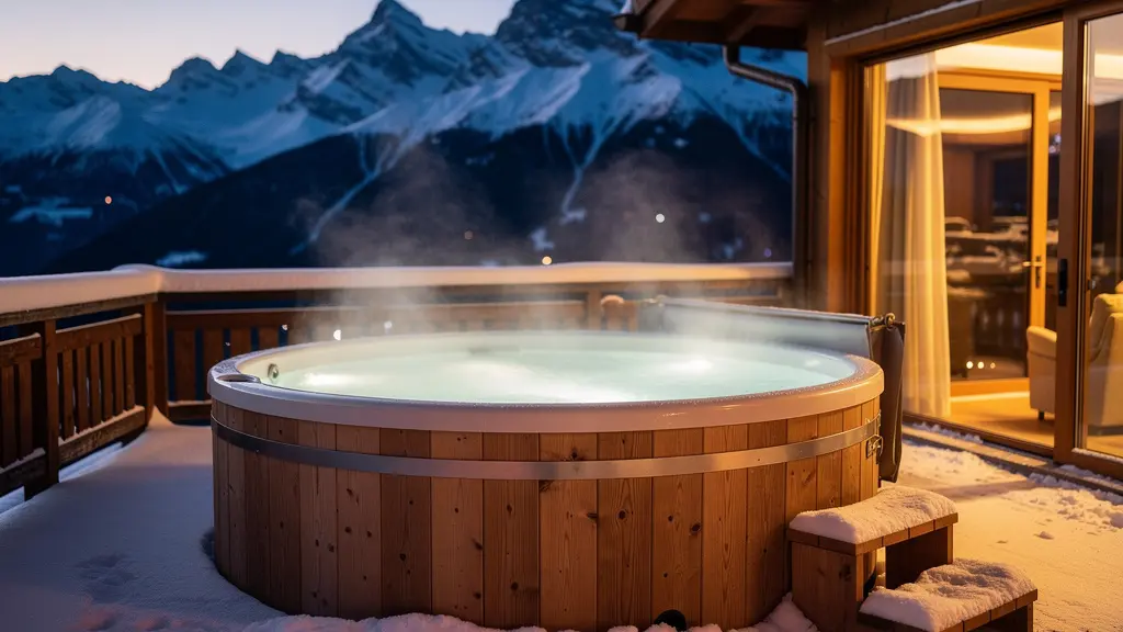 Jacuzzi extérieur terrasse chalet avec vue montagnes enneigées