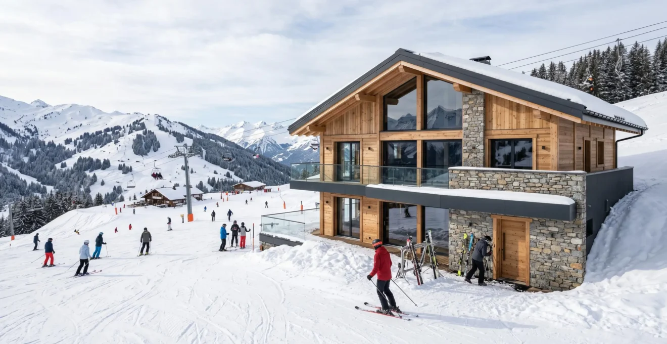 Résidence contemporaine de montagne avec accès ski au pied à La Clusaz, skieurs à proximité, architecture bois et pierre, pistes de ski visibles