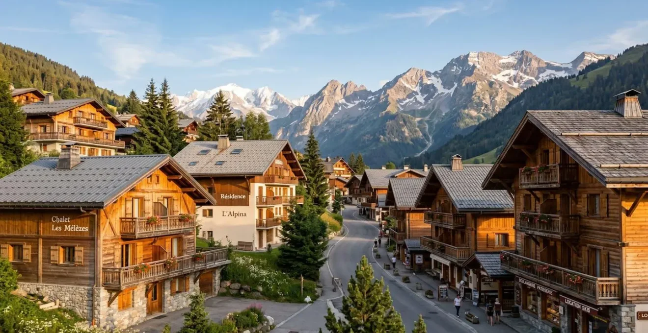 Vue panoramique du village de La Clusaz avec chalets savoyards traditionnels en bois et petits immeubles résidentiels, massif des Aravis en arrière-plan, lumière naturelle dorée