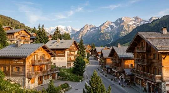 Vue panoramique du village de La Clusaz avec chalets savoyards traditionnels en bois et petits immeubles résidentiels, massif des Aravis en arrière-plan, lumière naturelle dorée