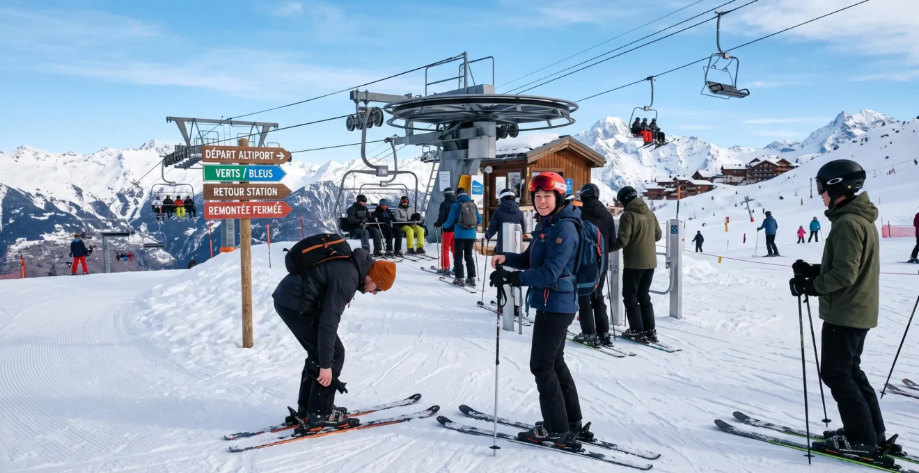 Départ de remontée mécanique à Courchevel avec piste damée en premier plan, skieurs en préparation et panneaux directionnels en français