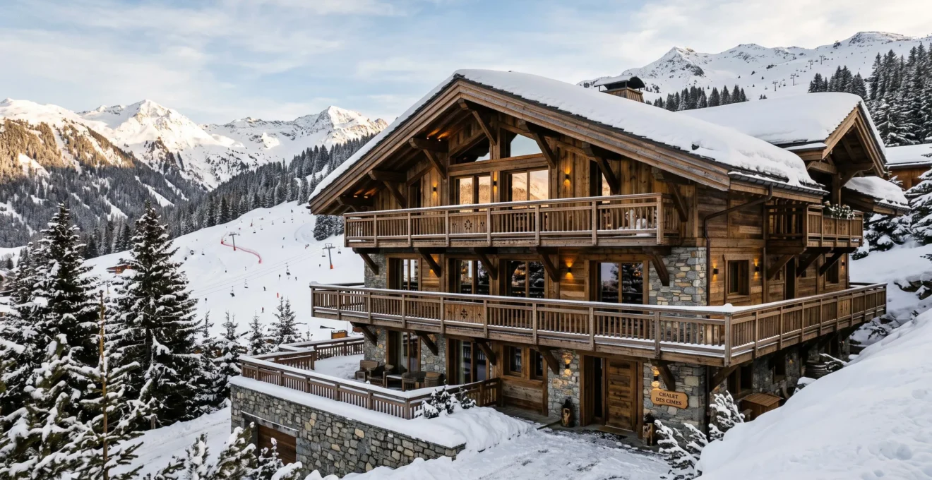 Façade d'un chalet de luxe en bois et pierre à Courchevel, architecture alpine traditionnelle avec balcons, environnement montagnard enneigé et pistes de ski visibles en arrière-plan