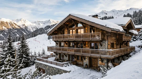 Façade d'un chalet de luxe en bois et pierre à Courchevel, architecture alpine traditionnelle avec balcons, environnement montagnard enneigé et pistes de ski visibles en arrière-plan