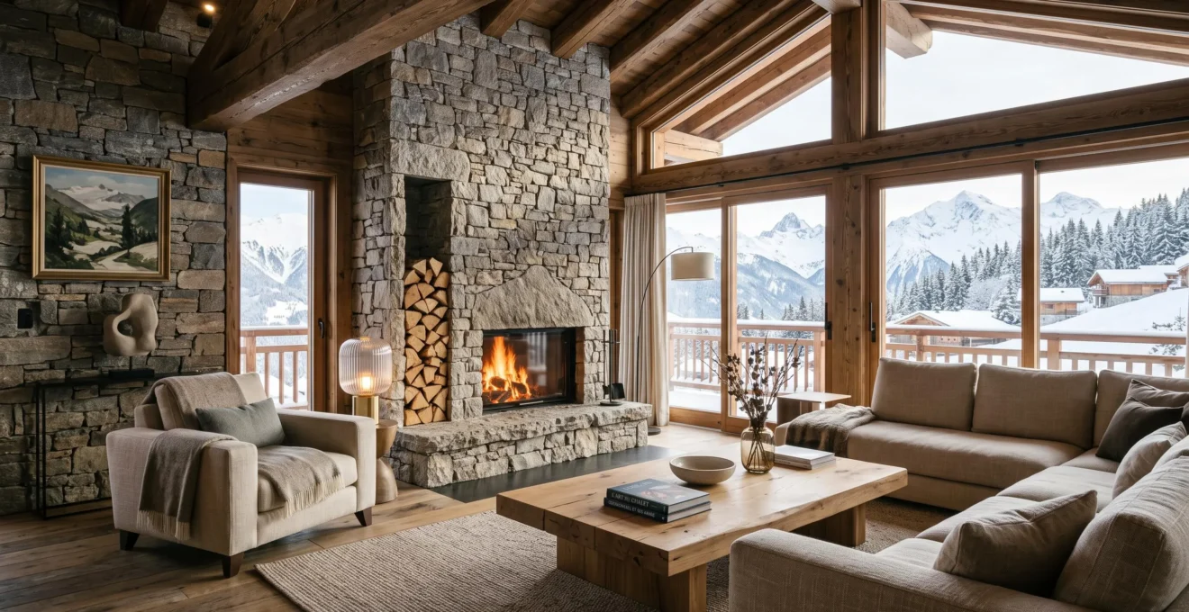 Salon spacieux d'un chalet de luxe à Courchevel avec grande cheminée en pierre, canapés design et baies vitrées donnant sur montagne enneigée